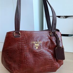 Prada Croc-Embossed Brown Shoulder Bag